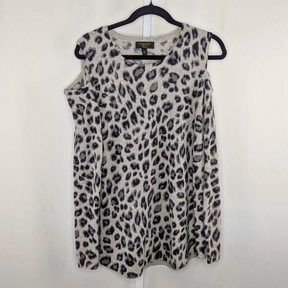 Charter Club Sweater Womens Large Cashmere Gray Leopard Print Ski Cold Shoulder - Picture 1 of 8